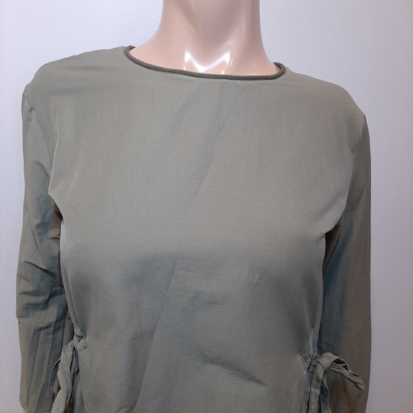 ZARA Side Tie Top Cropped Sleeve Stretchy Olive Army Crew Neck Blouse - Picture 3 of 10